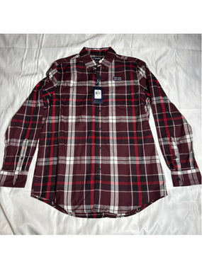 Men's Chaps Casual Button Down Shirt Medium Burgundy Black Plaid